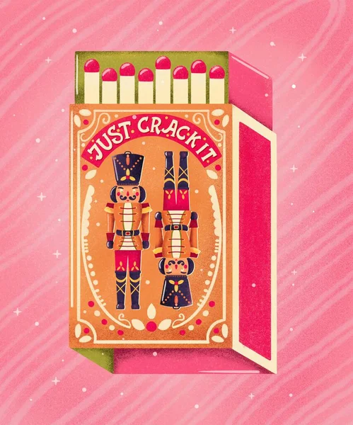 Two Colorful Nutcrackers Matchbox Hand Lettering Pink Background Colorful Festive — Stock Photo, Image