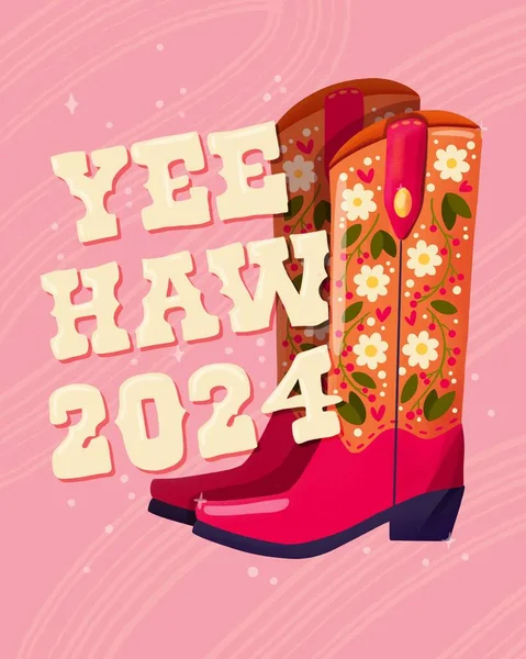 Pair Cowboy Boots Decorated Flowers Hand Lettering Message Yeehaw 2024 — Stock Photo, Image