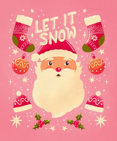 かわいいサンタクロースの笑顔と手の文字通りのメッセージが雪を放ちました ピンクの背景にソックス ハニー ミトン デコレーション お祝い明るいクリスマスのイラスト — ストック写真