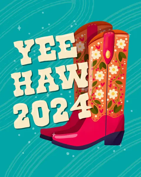 Para Kowbojskich Butów Ozdobionych Kwiatami Wiadomość Napisem Yeehaw 2024 Szczęśliwego — Zdjęcie stockowe