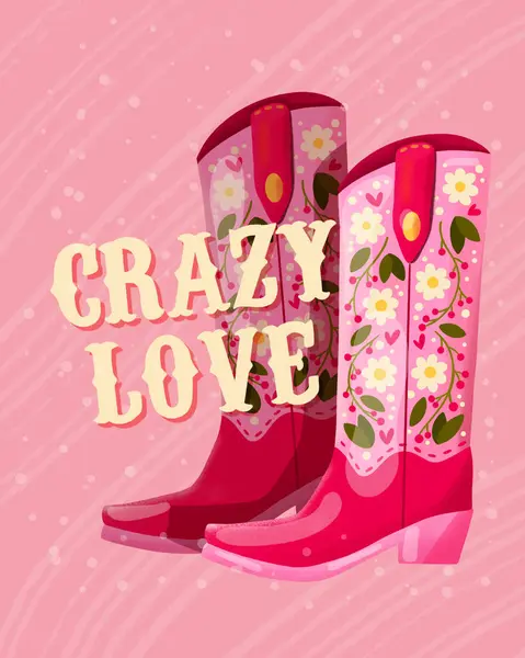 Para Kowbojskich Butów Ozdobionych Kwiatami Wiadomość Napisem Crazy Love Valentine — Zdjęcie stockowe