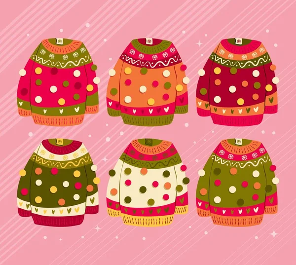 Kolekcja Sześciu Cute Żywe Ręcznie Rysowane Swetry Dekoracji Zimowych Pompony — Wektor stockowy