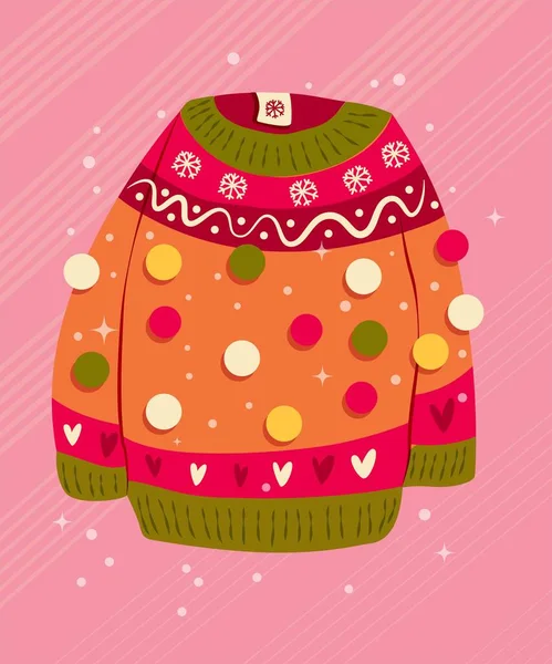 Carino Vibrante Maglione Disegnato Mano Con Decorazione Invernale Pon Pon — Vettoriale Stock