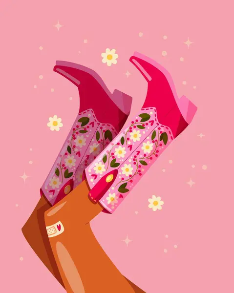 Woman Legs Cowboy Boots Decorated Flowers Cowgirl Cowboy Boots American — Stock Vector