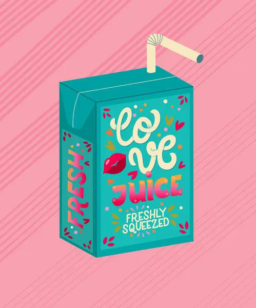 蓝色瓦伦丁果汁盒 上有手写的爱果汁 有趣的节日浪漫的节日插图 色彩艳丽的粉色和蓝色矢量设计 — 图库矢量图片#