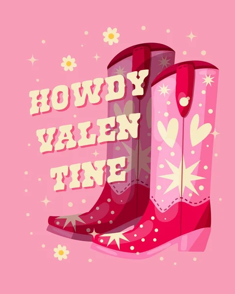 ハートとスターで飾られたピンクのカウボーイブーツとハウディバレンタインの手書きメッセージ 明るい鮮やかな色でロマンチックなカラフルな手描きベクターイラスト — ストックベクタ