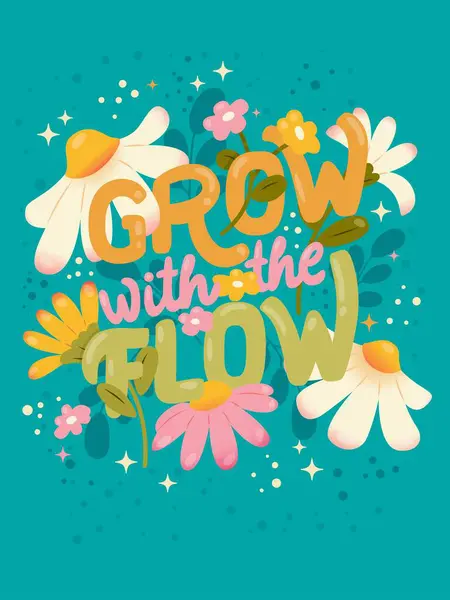 色彩艳丽的手工字体图案 配以雏菊 花卉和花卉装饰 春生机勃勃的病媒说明 — 图库矢量图片#