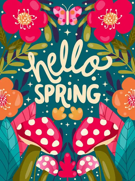 色彩艳丽的手绘图案 有蘑菇 花朵和花卉装饰 春天生机勃勃的矢量插图 — 图库矢量图片#