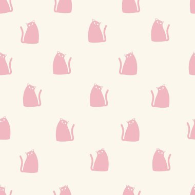 Sonbahar, bej arka planda sevimli pembe kedilerle pürüzsüz sonbahar deseni. Renkli vektör illüstrasyonu. 