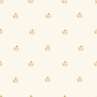 Sonbahar, bej arka planda sevimli balkabaklarıyla pürüzsüz sonbahar deseni oluşturur. Renkli vektör illüstrasyonu. 