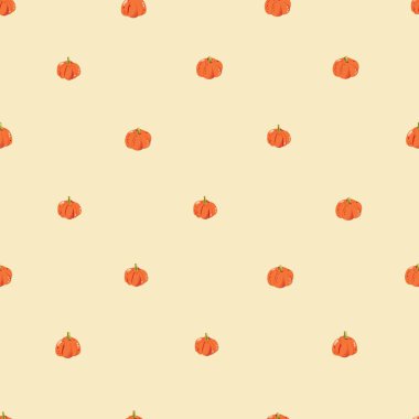Sonbahar, bej arka planda sevimli balkabaklarıyla pürüzsüz sonbahar deseni oluşturur. Renkli vektör illüstrasyonu. 