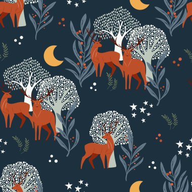 Büyülü Gece Ormanı Şablonu 'nda Görkemli Geyik. Ağaçlar, bitkiler ve yıldızlarla dolu bir ormanda el yapımı geyik. Vektör illüstrasyonu. 