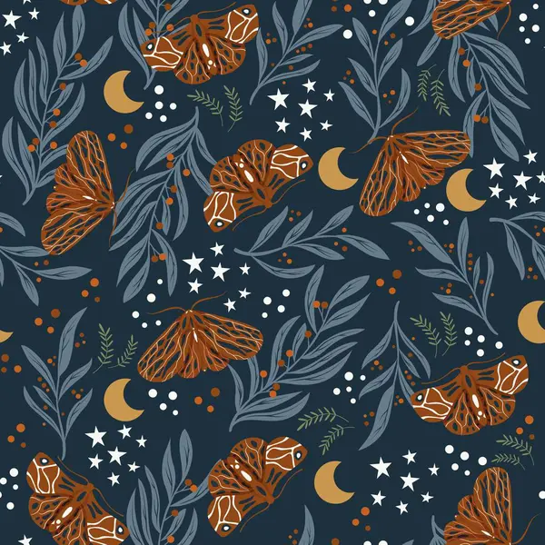 stock vector Enchanted Woodland Night - moth pattern on dark background with flora and stars. Colorful vector illustration. 