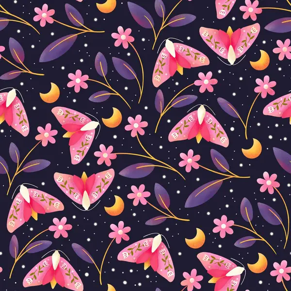 stock image A whimsical night-themed pattern featuring pink moths, crescent moons, and delicate flowers, set against a starlit background, evoking a magical midnight garden.