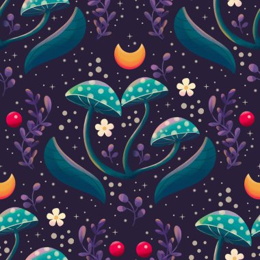 This mesmerizing seamless pattern transports you to a magical forest, where luminous mushrooms glow under the starry night sky. Delicate flowers and berries add a touch of whimsy to this enchanting scene. The pattern is perfect for creating a dreamy  clipart