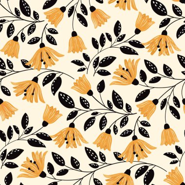 Striking pattern with yellow bell-shaped flowers contrasted against bold black leaves, all set on a soft cream background. With its bold and graphic aesthetic, this floral design is perfect for fabric, wallpaper, and other surface design projects. Id clipart