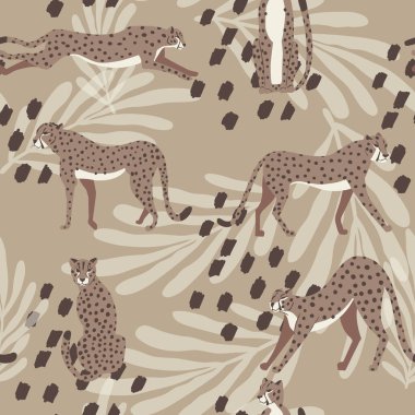 Çita büyük kedi egzotik dikişsiz desen - Mocha Mousse - tropikal bitkiler - el çizimi vektör çizimi