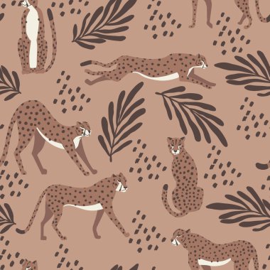 Çita büyük kedi egzotik dikişsiz desen - Mocha Mousse - tropikal bitkiler - el çizimi vektör çizimi