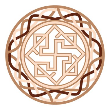 Valkyrie, İskandinav desenleriyle süslenmiş antik bir Slav sembolü. Bej moda tasarımı.