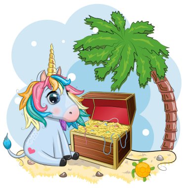 Tatlı çizgi film tek boynuzlu atı ve hazine sandığı, korsanlar. Yaz, deniz, palmiye ağaçları, sahil