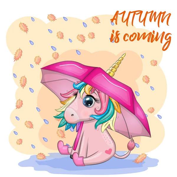Cute Unicorn Umbrella Raining Yellow Leaves Inscription Autumn Coming — Stock Vector