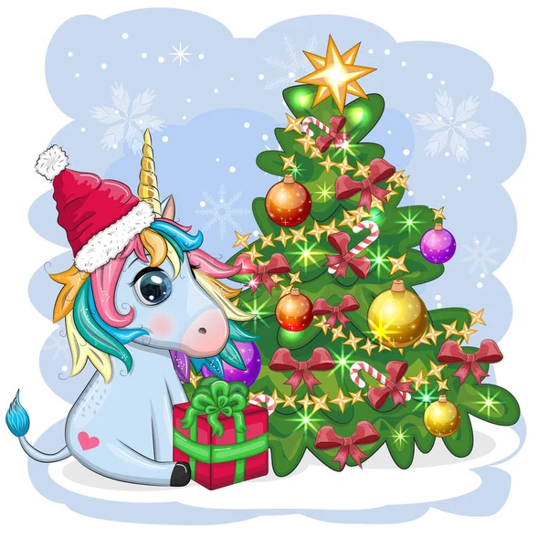クリスマスツリーの近くのサンタの帽子のかわいい漫画ユニコーンの贈り物 ボール お正月とクリスマスのグリーティングカード — ストックベクタ