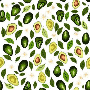 Avokado pürüzsüz desen. Yaprak ve çiçeklerle dilimlenmiş avokado. Özgün düz resimleme