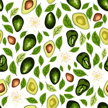 Avokado pürüzsüz desen. Yaprak ve çiçeklerle dilimlenmiş avokado. Özgün düz resimleme