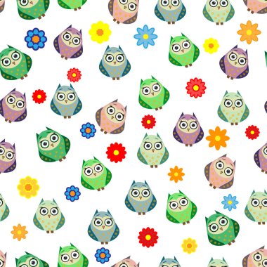 Çok renkli şirin baykuşlar ve çizgi film tarzında çiçekler, çocuksu, pürüzsüz desenler, yeni doğan bebekler. Kumaş, tekstil veya ambalaj kağıdı için yaratıcı çocuksu arkaplan.