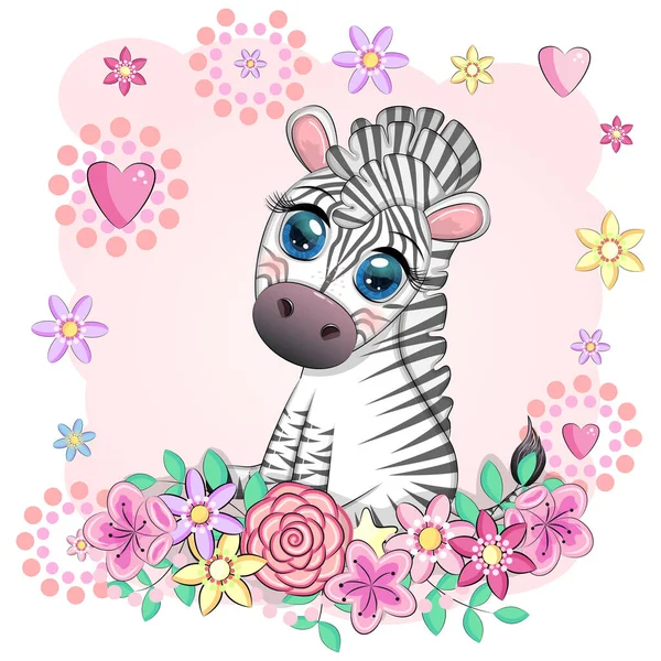 Cute Cartoon Zebra Sits Flowers Childish Striped Character African Animals — Stock Vector