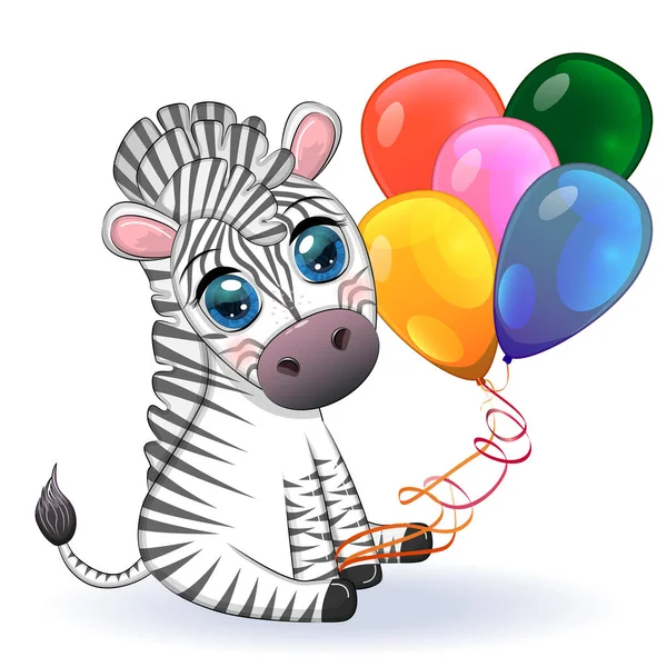 Cute Zebra Kreskówki Siedzi Trzyma Balony Dziecięcy Charakter Paski Wakacje — Wektor stockowy