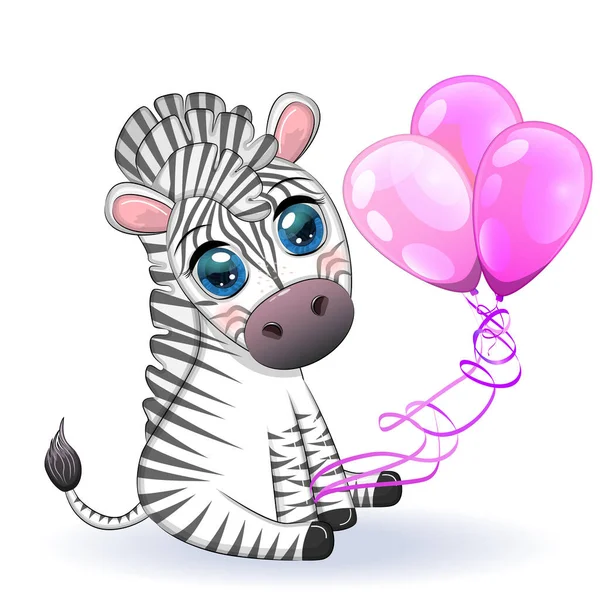 Cute Cartoon Zebra Sitting Holding Balloons Children Striped Character Holiday — Stock Vector
