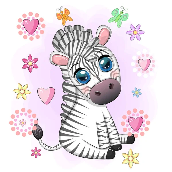 Bonito Desenho Animado Zebra Senta Flores Caráter Listrado Infantil Animais —  Vetores de Stock