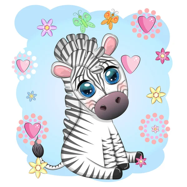 Bonito Desenho Animado Zebra Senta Flores Caráter Listrado Infantil Animais —  Vetores de Stock