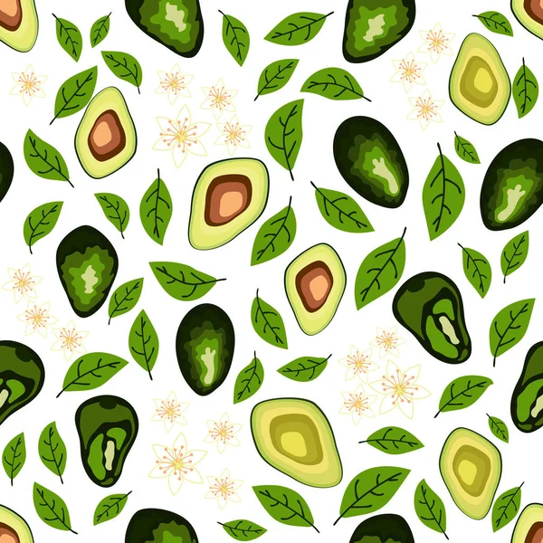 Avocado Naadloos Patroon Hele Gesneden Avocado Met Bladeren Bloemen Originele — Stockvector