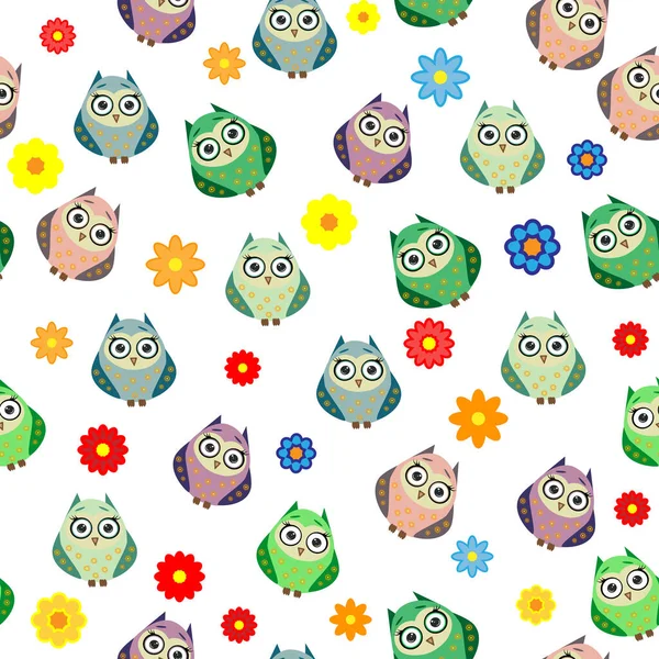Corujas Multicoloridas Bonitos Flores Estilo Cartoon Padrão Sem Costura Infantil — Vetor de Stock