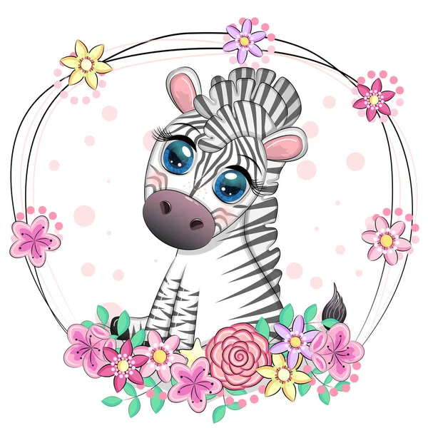 Carino Cartone Animato Zebra Siede Nei Fiori Bambino Strisce Carattere — Vettoriale Stock
