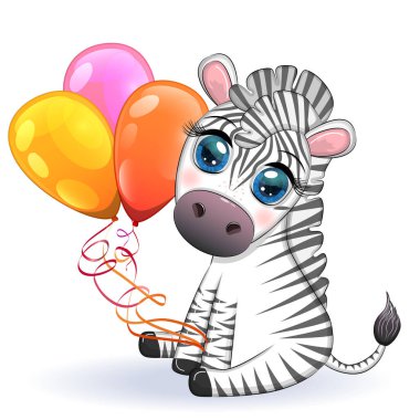 Şirin çizgi film zebrası oturuyor ve elinde balonlar var. Çizgili çocuk karakteri, tatil.