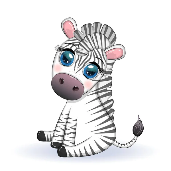 Tatlı karikatür zebra oturuyor ve kuyruğunu sallıyor. Çocuk karakteri.