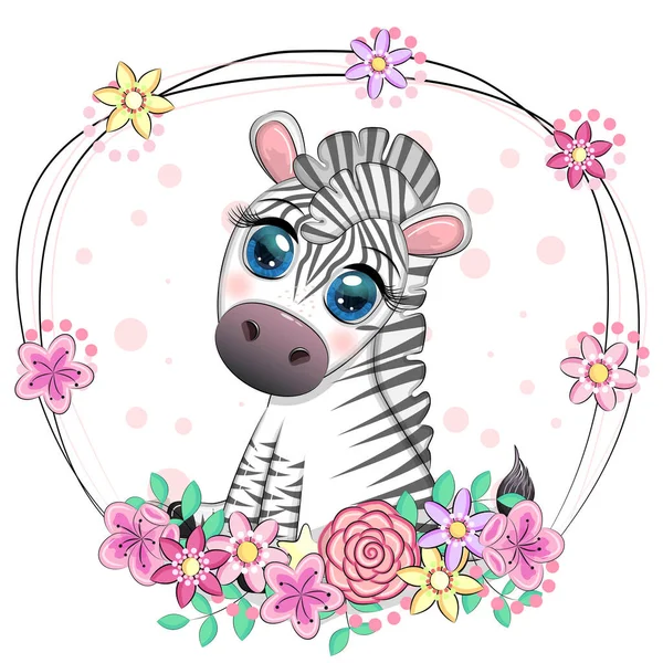 Söt Tecknad Zebra Sitter Blommor Barnslig Randig Karaktär Afrikanska Djur — Stock vektor