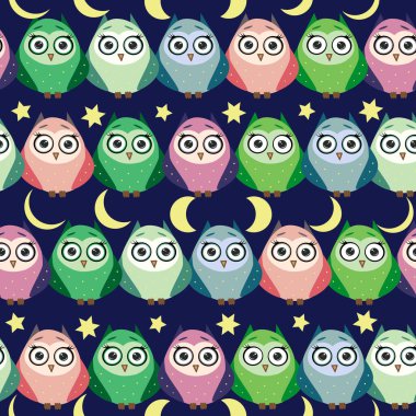 Geceleri yıldızlı, bulutlu ve aylı çok renkli baykuşlar. Çizgi film tarzında kusursuz desen, çocuksu kusursuz desen, yeni doğan. Kumaş ve tekstil için yaratıcı çocuksu arkaplan