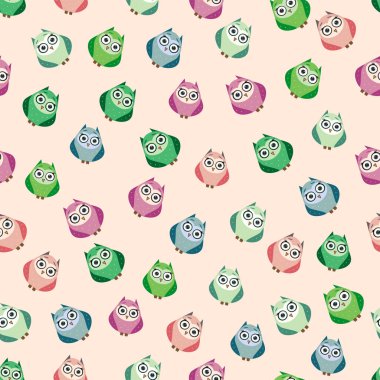 Çok renkli şirin baykuşlar ve çizgi film tarzında çiçekler, çocuksu, pürüzsüz desenler, yeni doğan bebekler. Kumaş, tekstil veya ambalaj kağıdı için yaratıcı çocuksu arkaplan.