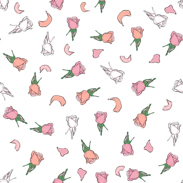 Seamless Pattern Buds Rose Petals Confetti Cosmetics Wedding Beautiful Floral — Stock Vector