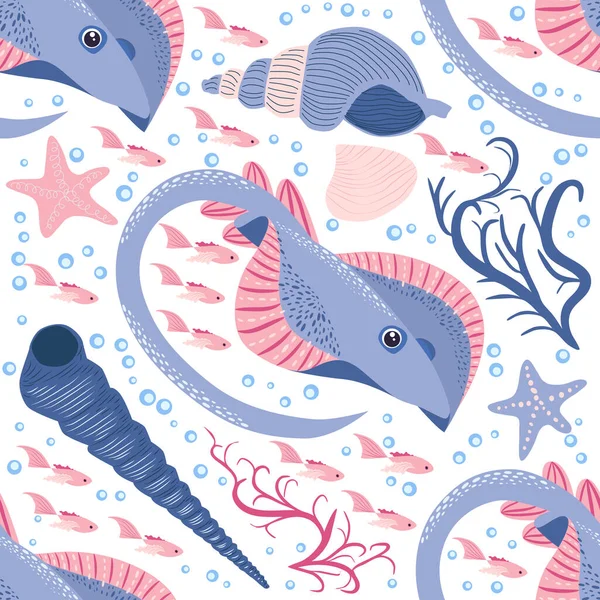 Stingray Batomorphi Sea Life Fish Animals Bright Seamless Pattern Sea — Stock Vector