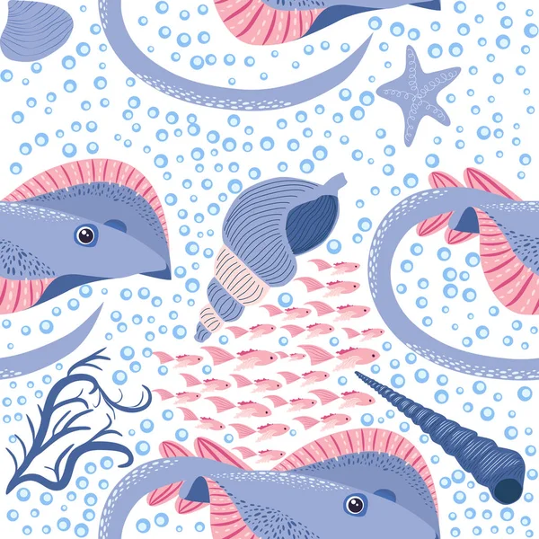 Stingray Batomorphi Sea Life Fish Animals Bright Seamless Pattern Sea — Stock Vector