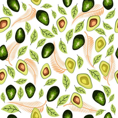 Avokado pürüzsüz desen. Yaprak ve çiçeklerle dilimlenmiş avokado. Özgün düz resimleme