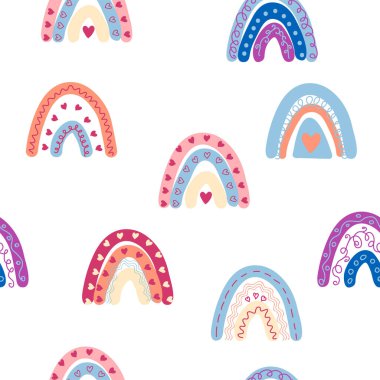 Gökkuşağı renklerinde pürüzsüz desen. İskandinav bebek eli çizimi tekstil ve yeni doğan kıyafetleri için mükemmel..