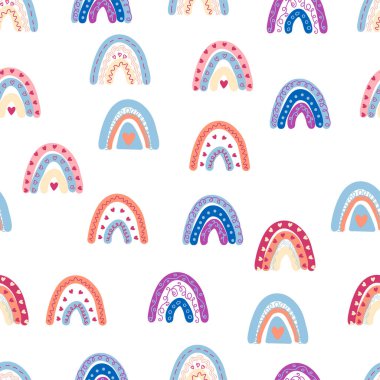 Gökkuşağı renklerinde pürüzsüz desen. İskandinav bebek eli çizimi tekstil ve yeni doğan kıyafetleri için mükemmel..