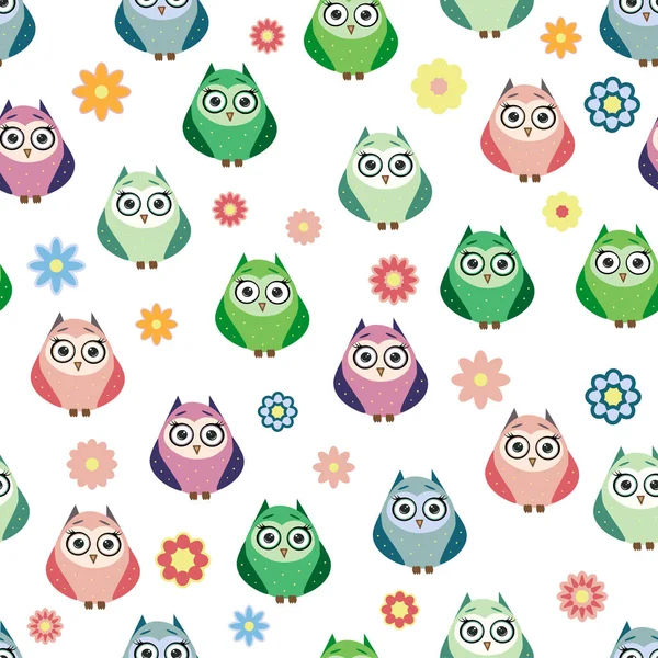 Cute Multicolored Owls Flowers Cartoon Style Childish Seamless Pattern Newborn — Stock Vector