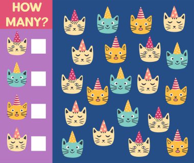 How many Cat, game for children. How many are they game. Count the Cats in the picture and write the result.